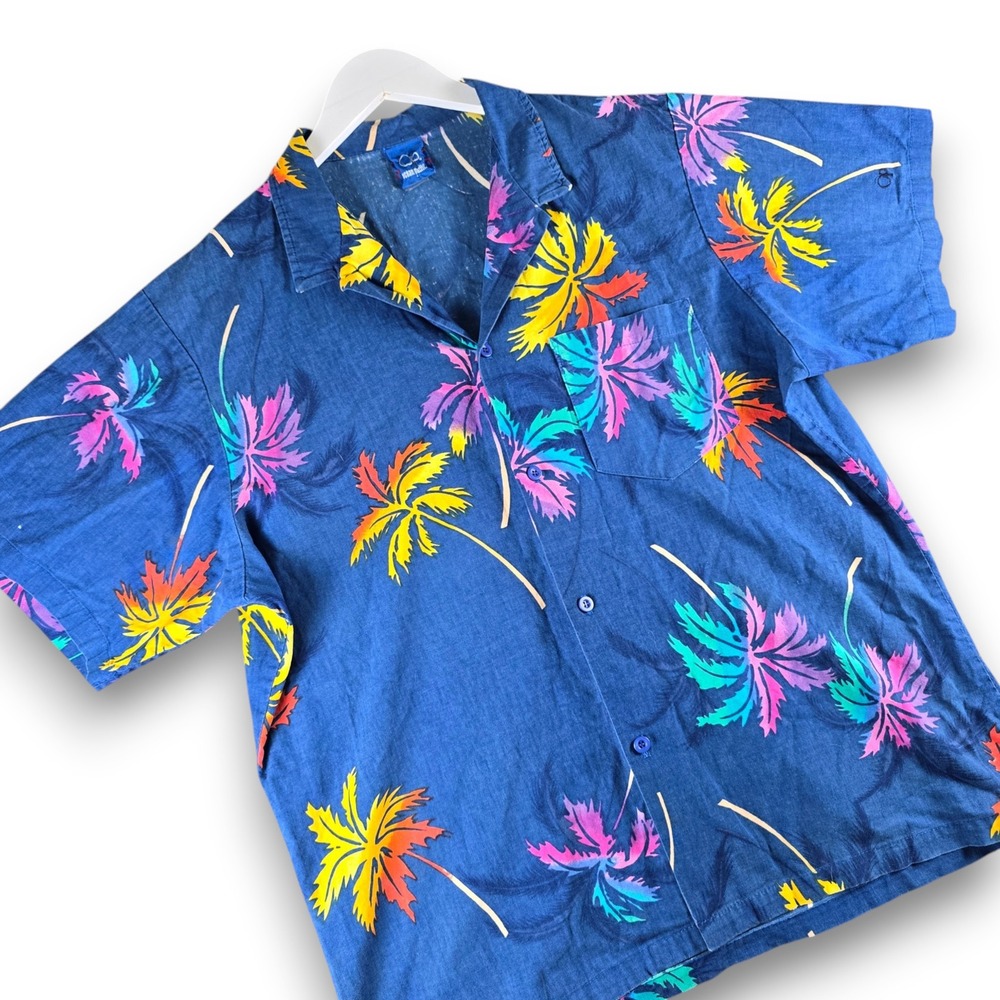 Ocean Pacific Mens Shirt Large Blue Neon Palm Tree S/S Button Up Pocket Vintage